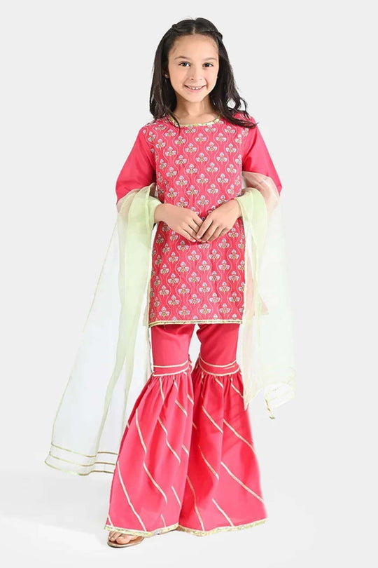 Girls Raw Silk 3 pcs Suit Sakoon-Pink