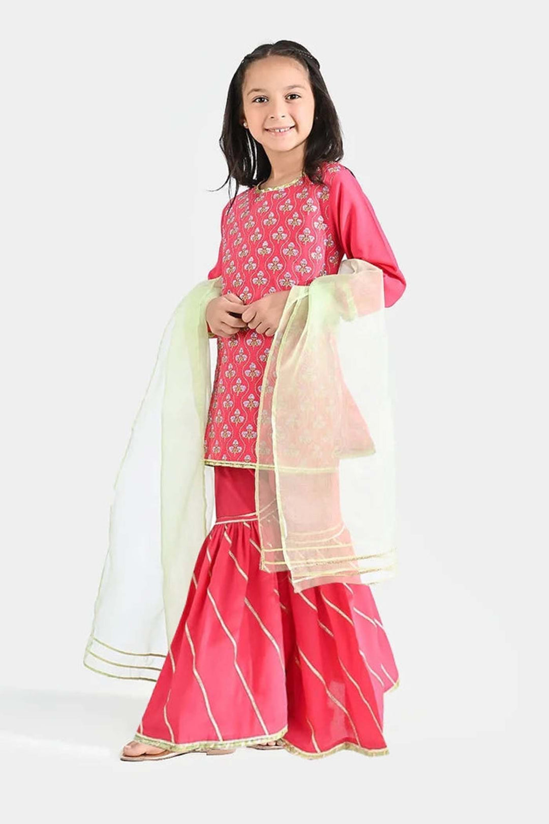 Girls Raw Silk 3 pcs Suit Sakoon-Pink