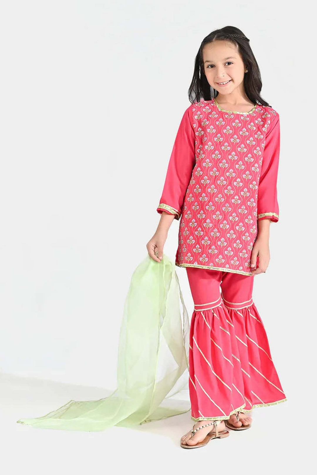 Girls Raw Silk 3 pcs Suit Sakoon-Pink