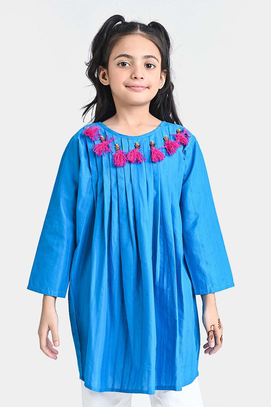 Girls Jacquard Kurti Hanging Tassels-Teal blue