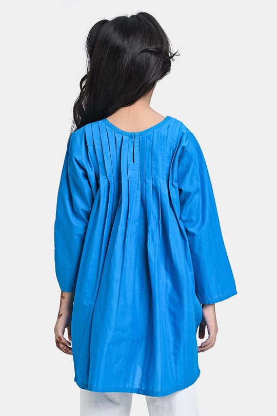 Girls Jacquard Kurti Hanging Tassels-Teal blue