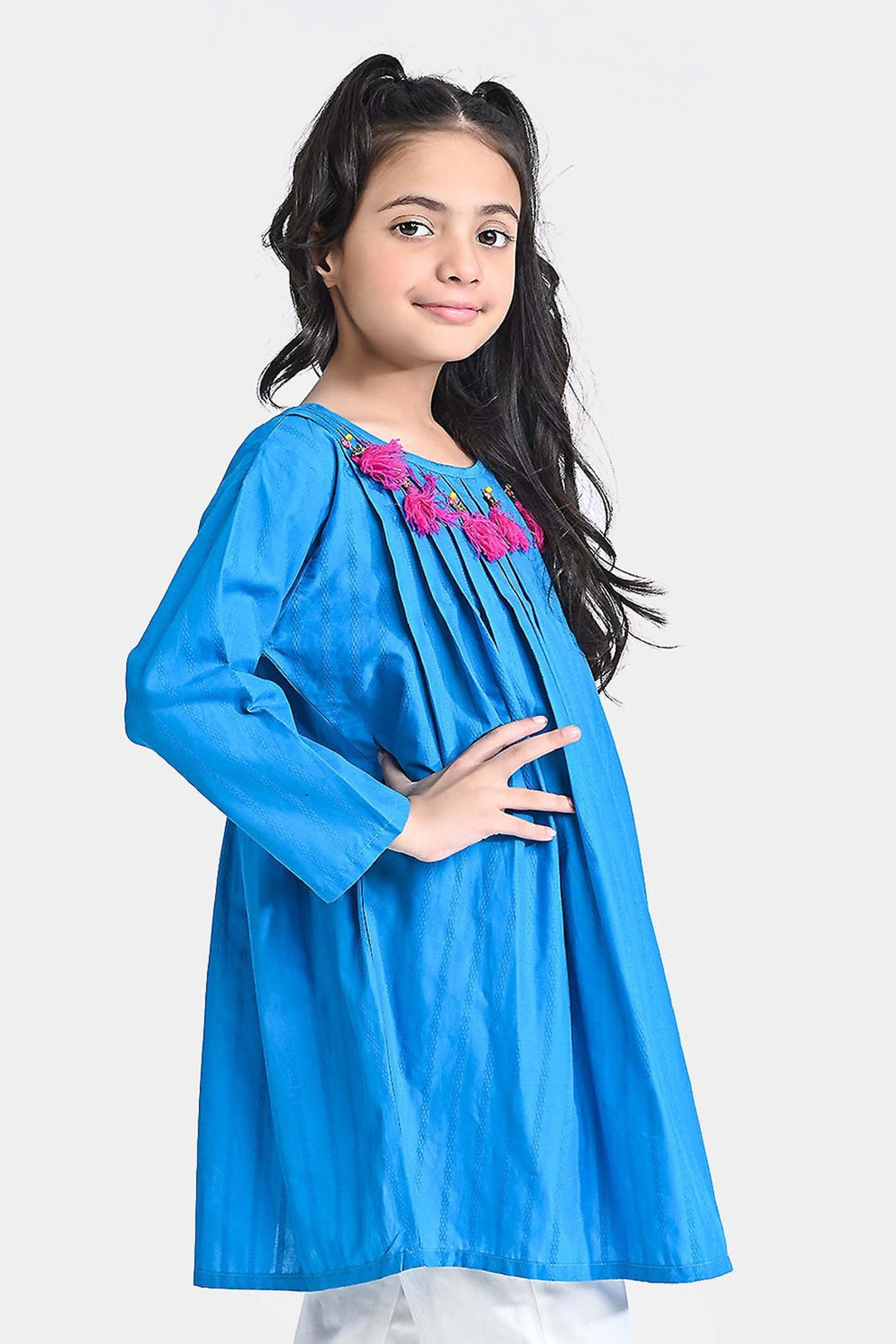 Girls Jacquard Kurti Hanging Tassels-Teal blue