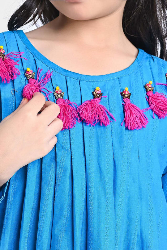 Girls Jacquard Kurti Hanging Tassels-Teal blue