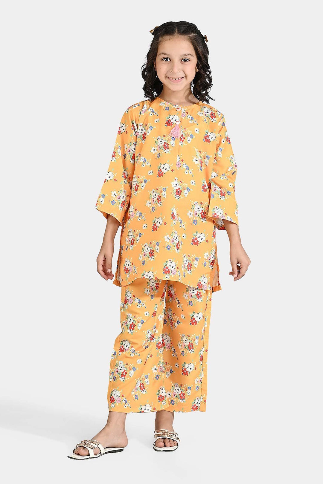 Girls Poly Lawn Printed 2 Pcs Vintage Floral-Yellow