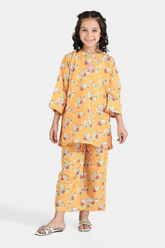Girls Poly Lawn Printed 2 Pcs Vintage Floral-Yellow