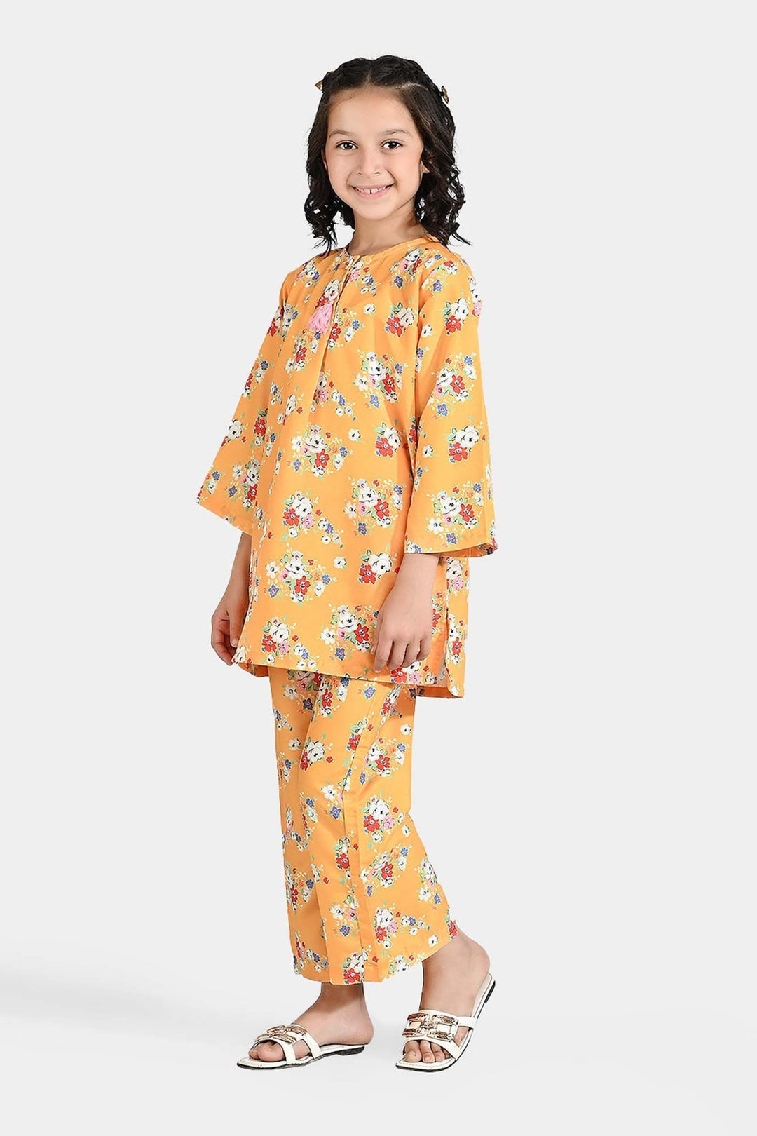 Girls Poly Lawn Printed 2 Pcs Vintage Floral-Yellow