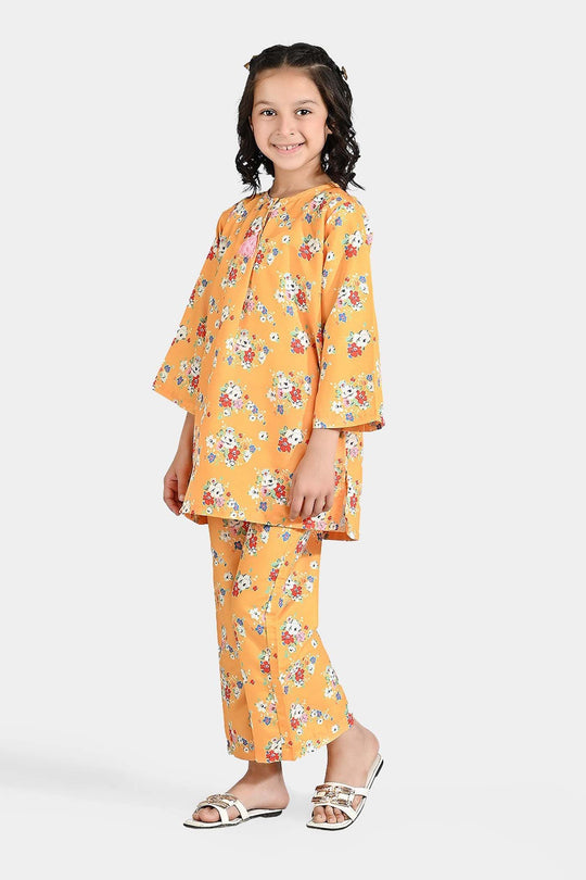 Girls Poly Lawn Printed 2 Pcs Vintage Floral-Yellow