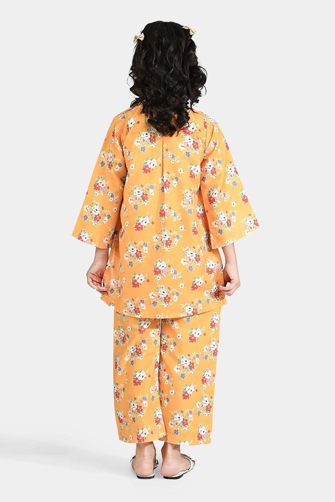 Girls Poly Lawn Printed 2 Pcs Vintage Floral-Yellow