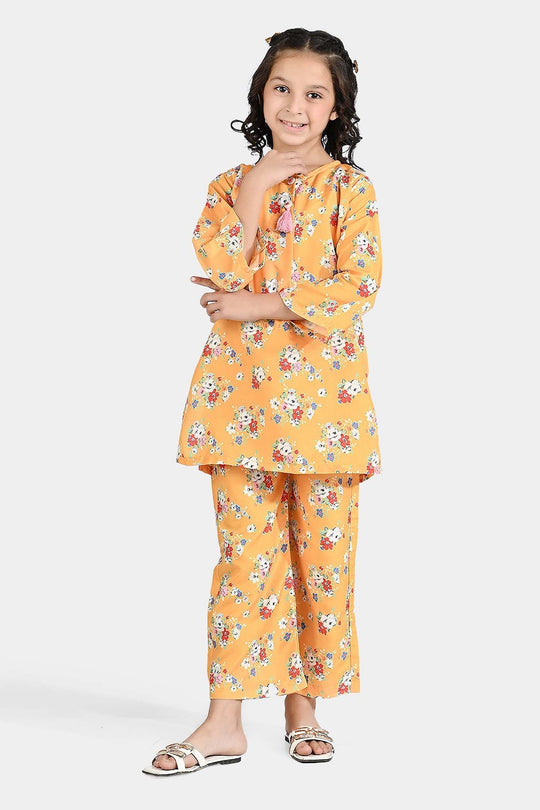 Girls Poly Lawn Printed 2 Pcs Vintage Floral-Yellow