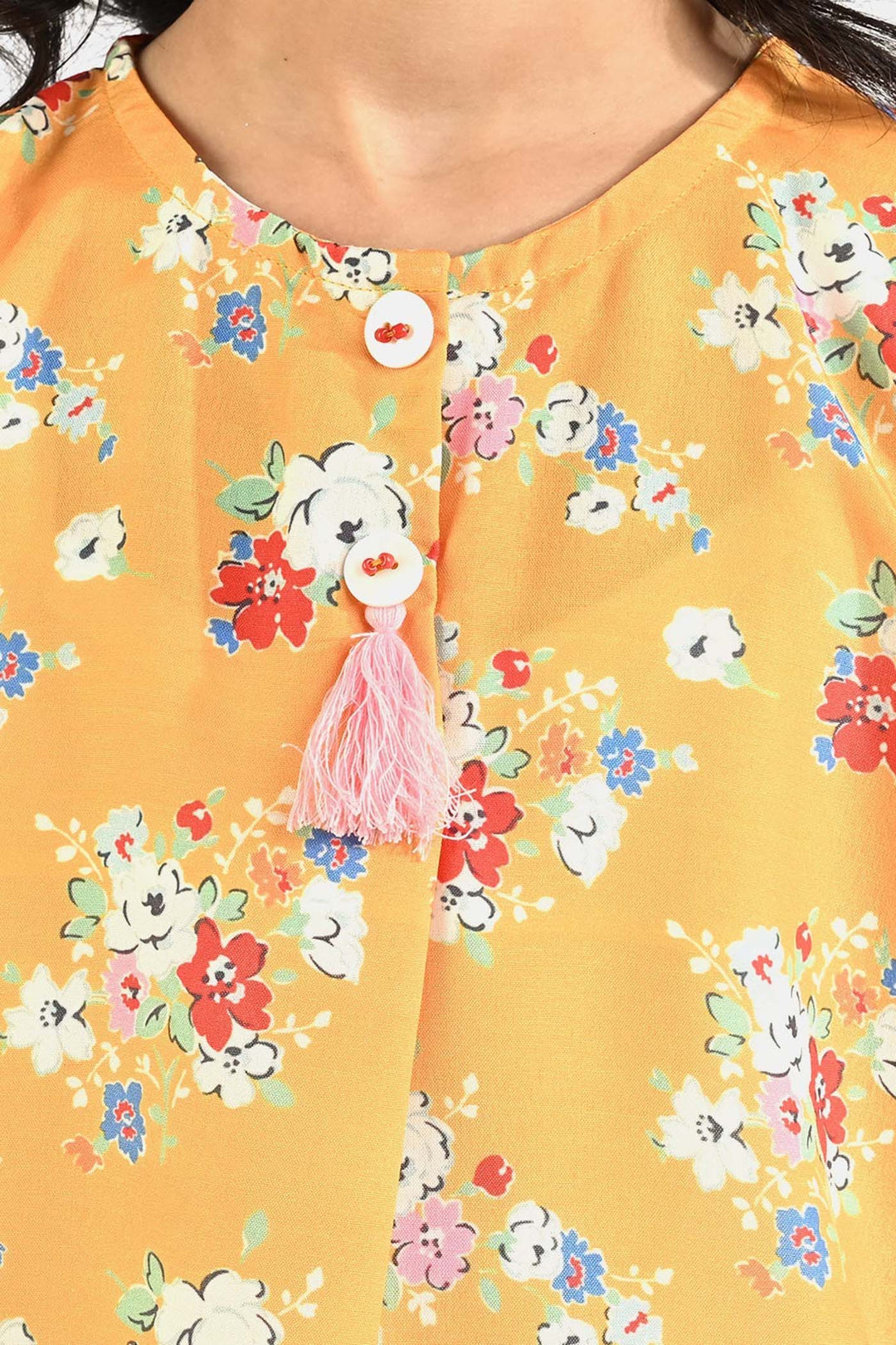 Girls Poly Lawn Printed 2 Pcs Vintage Floral-Yellow