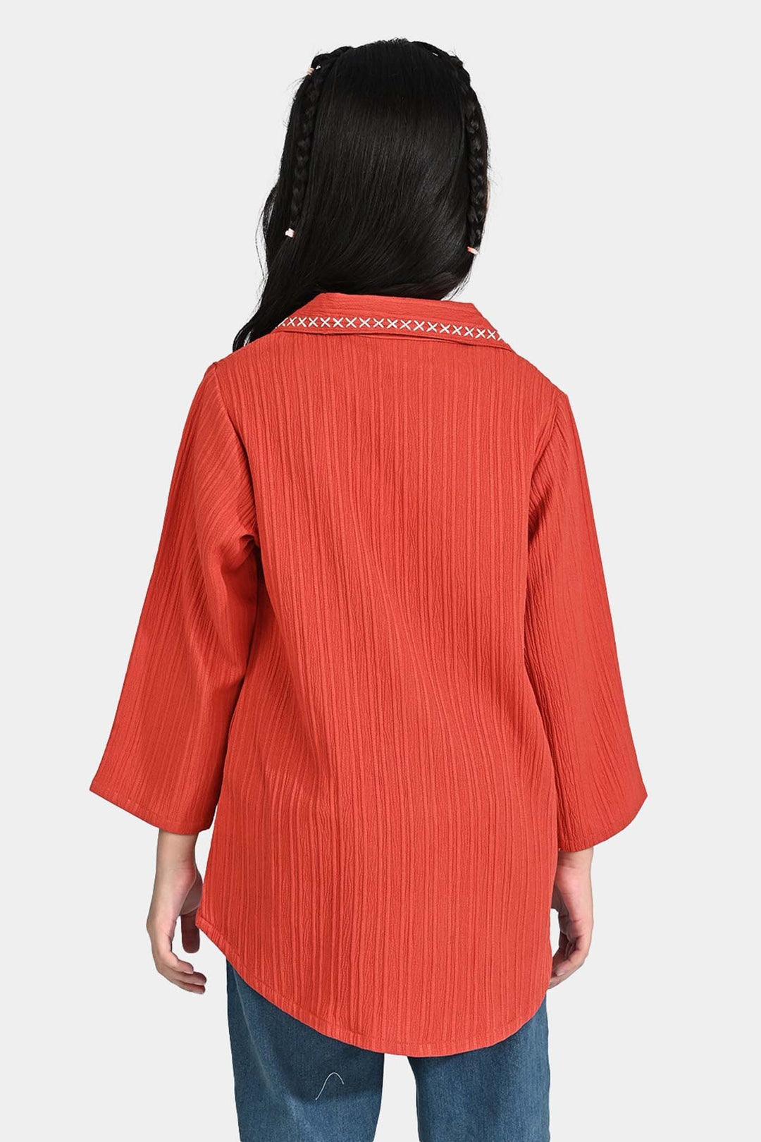 Girls Poly Crinkle Embroidered Top (Dahlia) - Rust