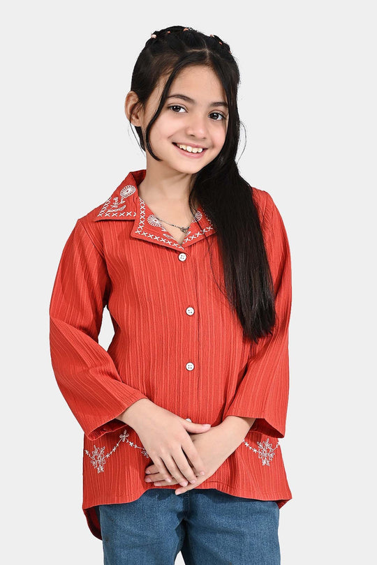 Girls Poly Crinkle Embroidered Top (Dahlia) - Rust