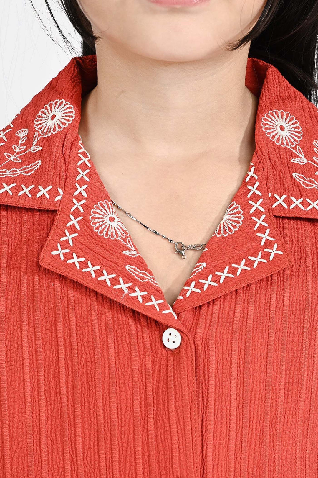 Girls Poly Crinkle Embroidered Top (Dahlia) - Rust