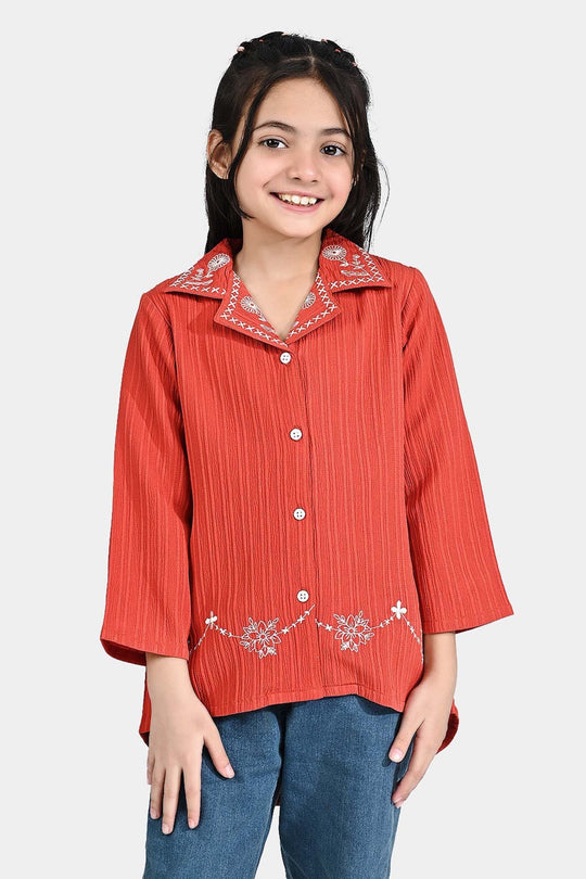 Girls Poly Crinkle Embroidered Top (Dahlia) - Rust