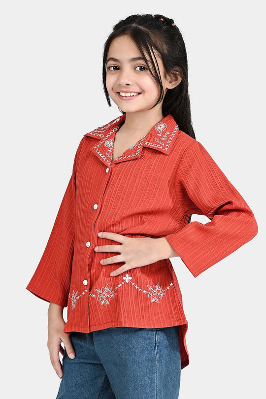 Girls Poly Crinkle Embroidered Top (Dahlia) - Rust