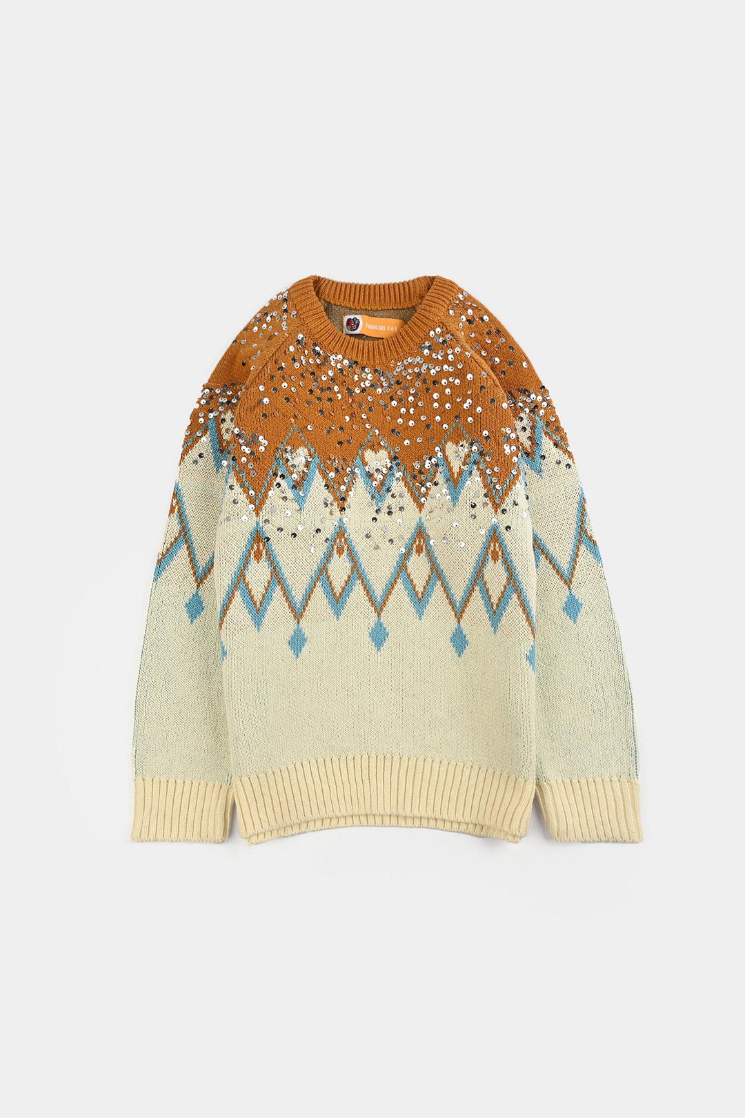 Girls Cotton Sweater Tribal Sequence-OFF-White