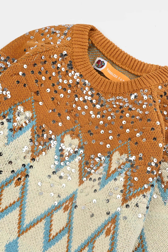 Girls Cotton Sweater Tribal Sequence-OFF-White