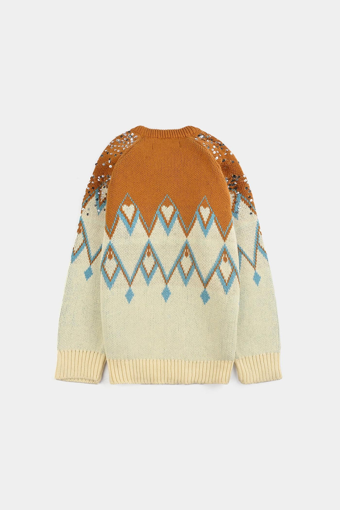 Girls Cotton Sweater Tribal Sequence-OFF-White