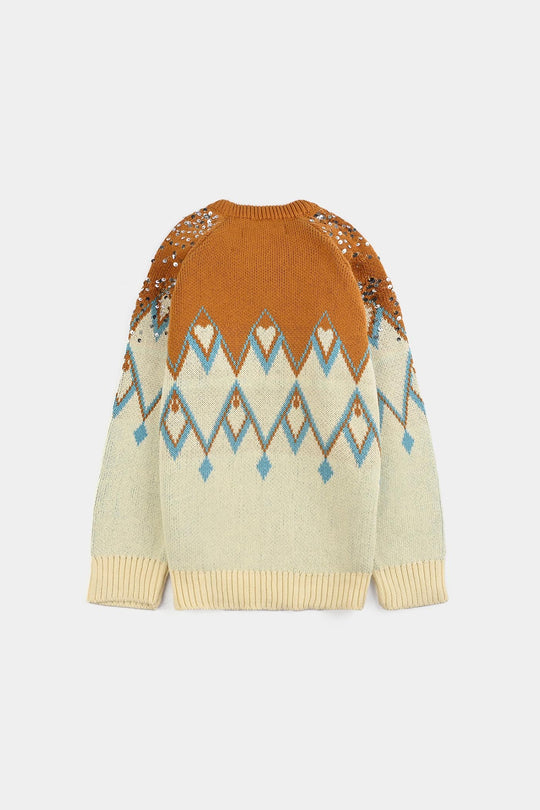Girls Cotton Sweater Tribal Sequence-OFF-White