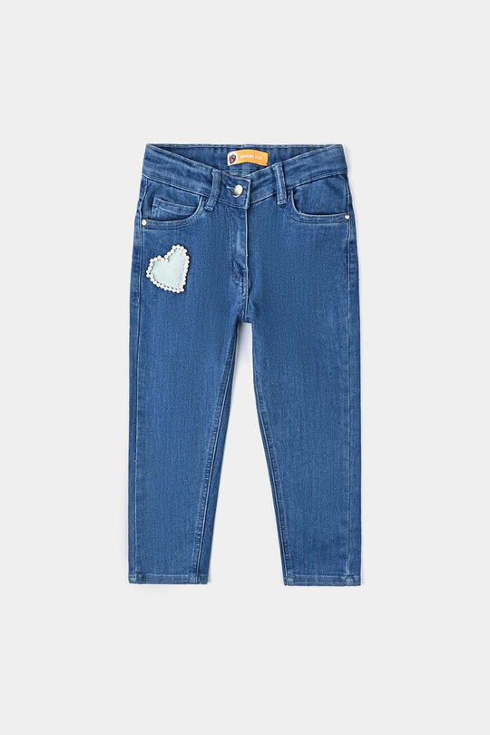 Girls Denim Stretch Pant Pearl At Pocket-Light Blue