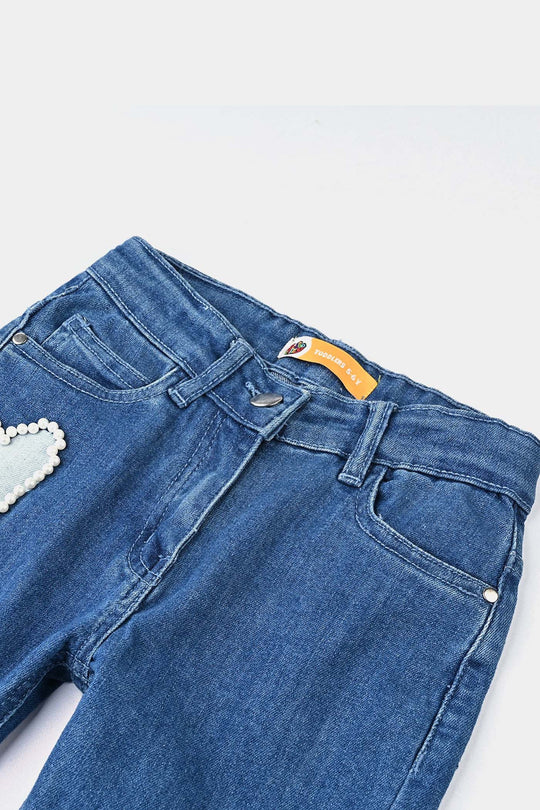 Girls Denim Stretch Pant Pearl At Pocket-Light Blue