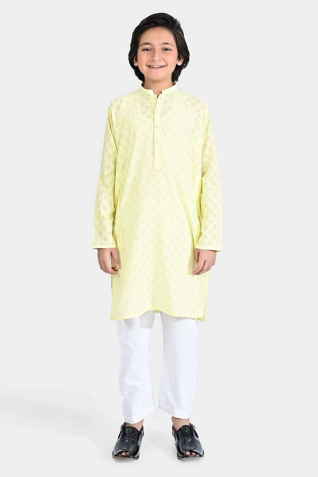 Boys Poly Viscose Basic Kurta (Burn Out)-Yellow