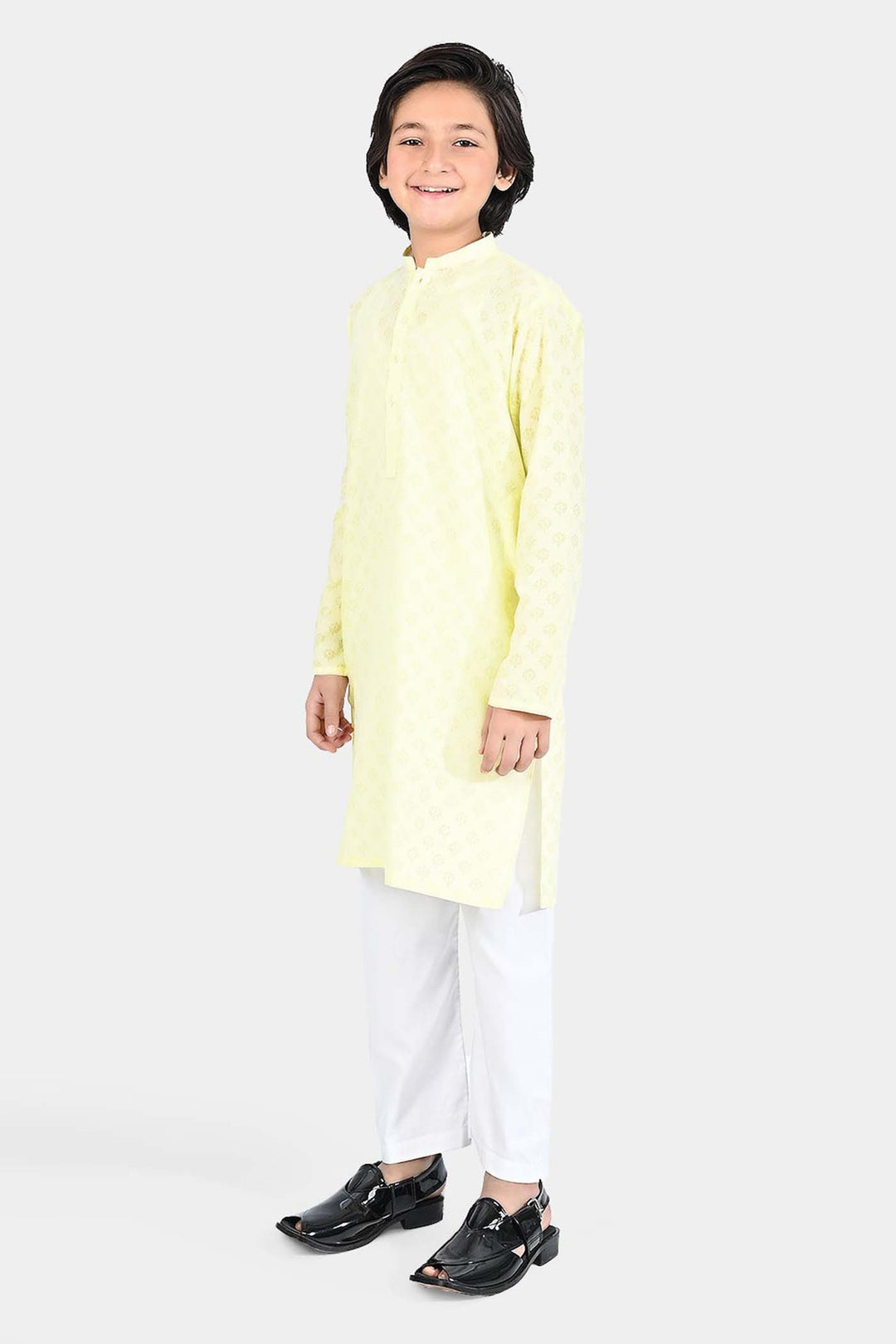 Boys Poly Viscose Basic Kurta (Burn Out)-Yellow