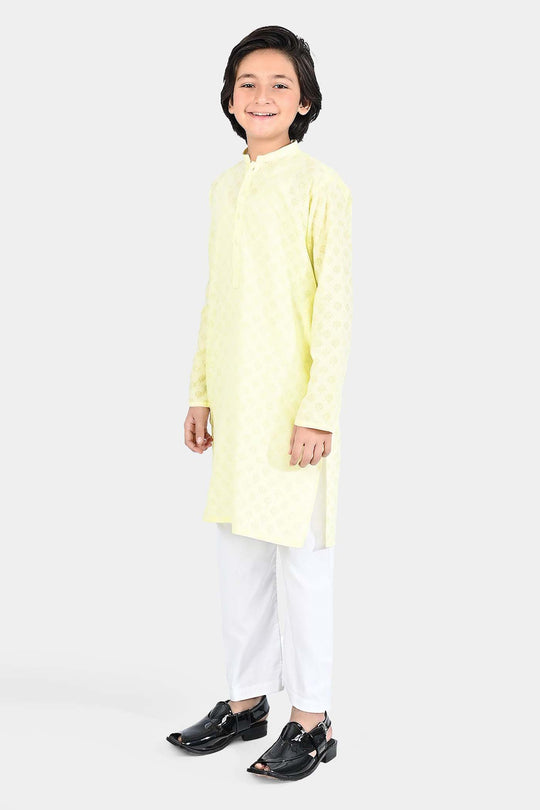 Boys Poly Viscose Basic Kurta (Burn Out)-Yellow