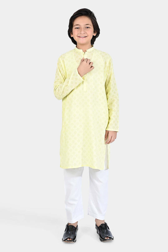 Boys Poly Viscose Basic Kurta (Burn Out)-Yellow