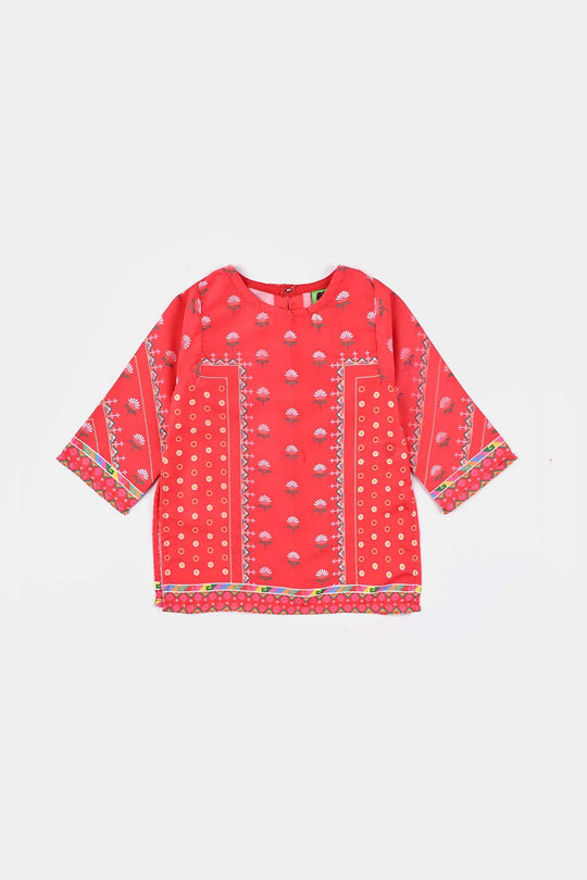 Girls Poly Lawn Printed Kurti Red Flowers-Red