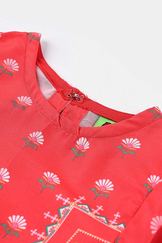 Girls Poly Lawn Printed Kurti Red Flowers-Red