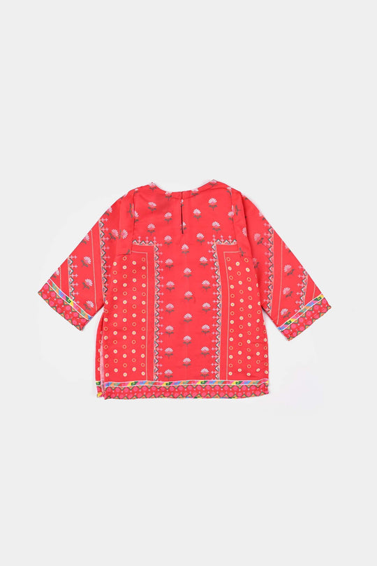 Girls Poly Lawn Printed Kurti Red Flowers-Red