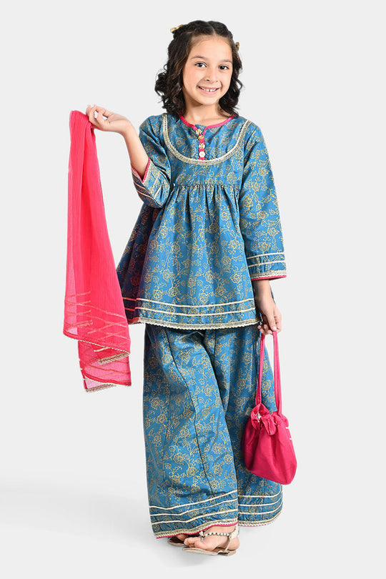 Girls Raw Silk 4Pcs Mumtaz - Teal blue