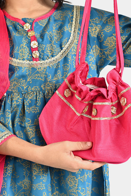 Girls Raw Silk 4Pcs Mumtaz - Teal blue