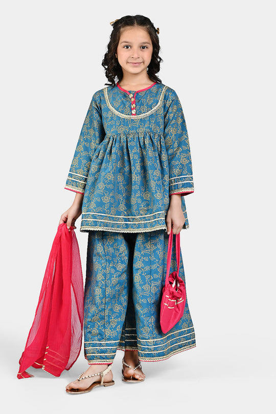 Girls Raw Silk 4Pcs Mumtaz - Teal blue