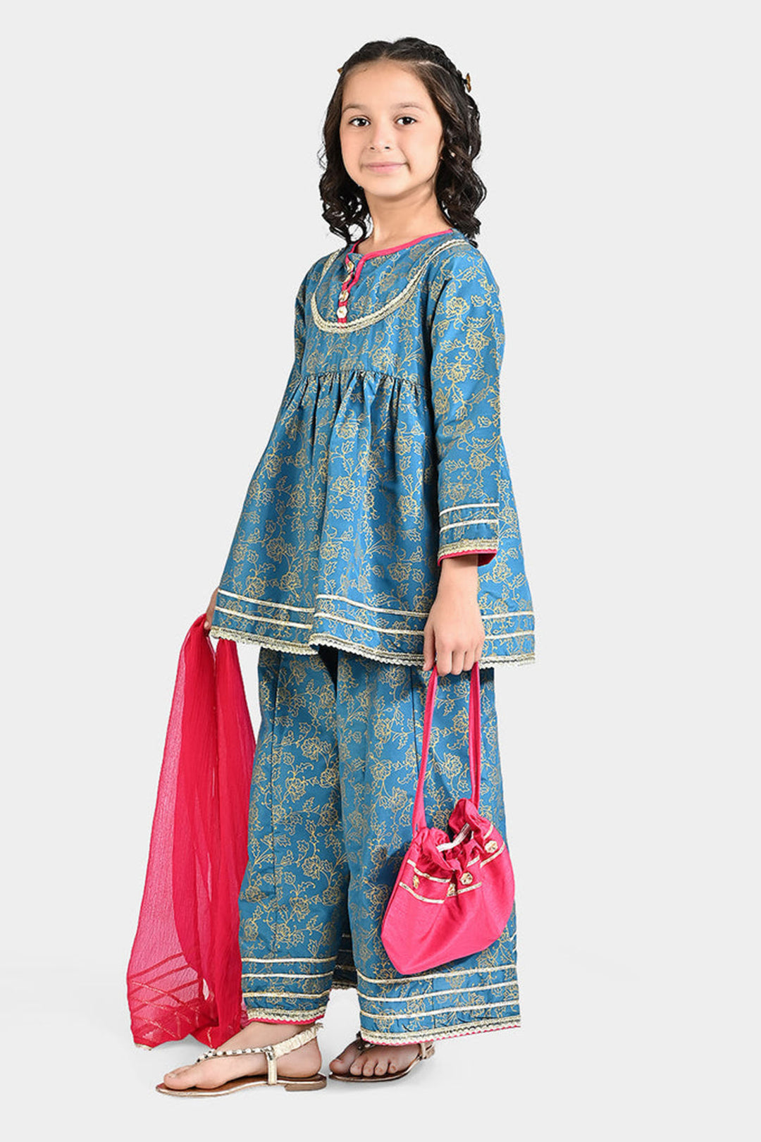 Girls Raw Silk 4Pcs Mumtaz - Teal blue