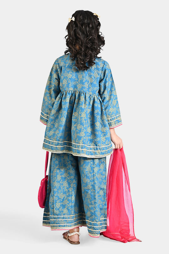 Girls Raw Silk 4Pcs Mumtaz - Teal blue