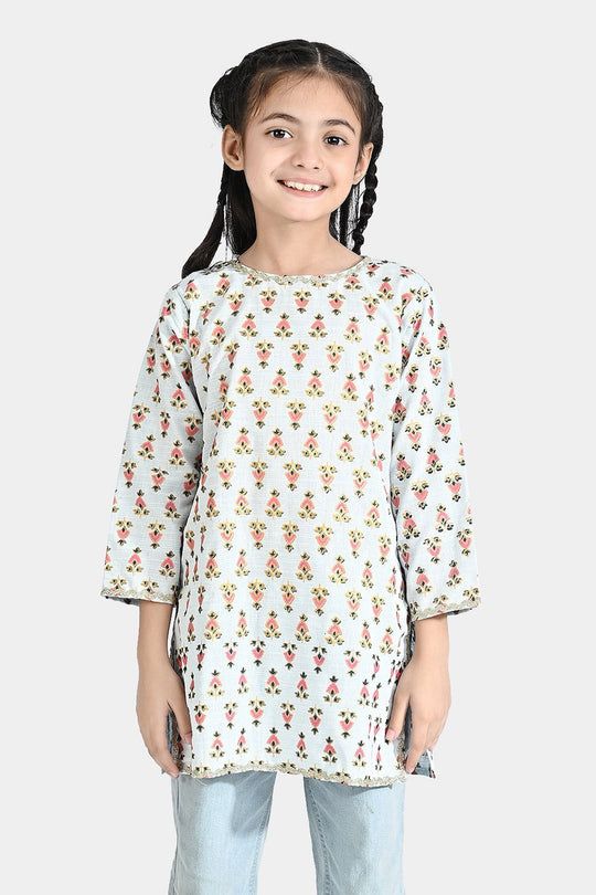 Girls Printed Kurti Chin Boti -2-LIGHT BLUE