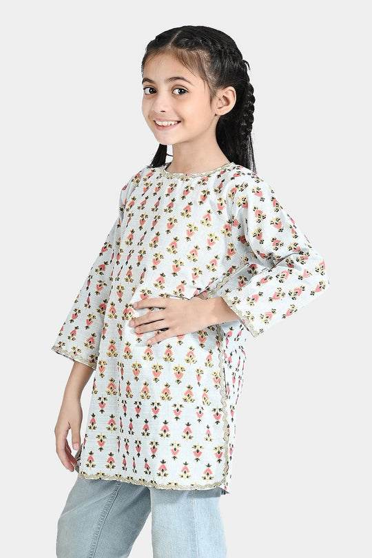 Girls Printed Kurti Chin Boti -2-LIGHT BLUE