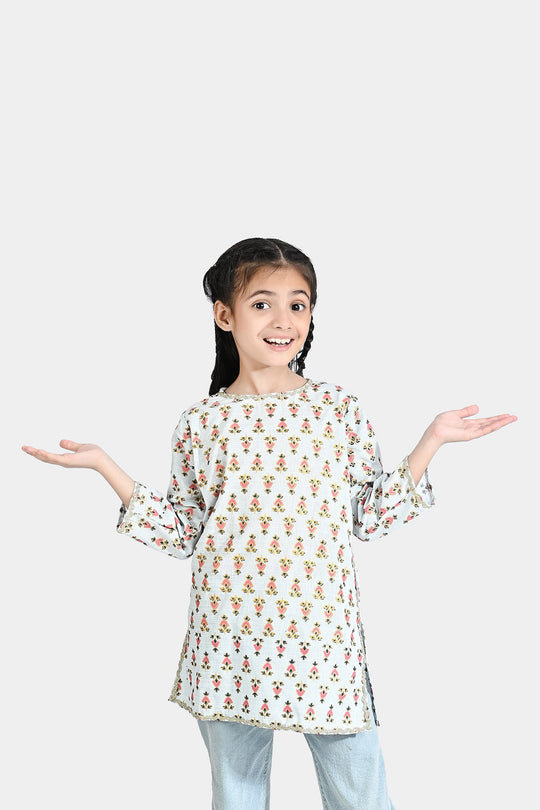 Girls Printed Kurti Chin Boti -2-LIGHT BLUE