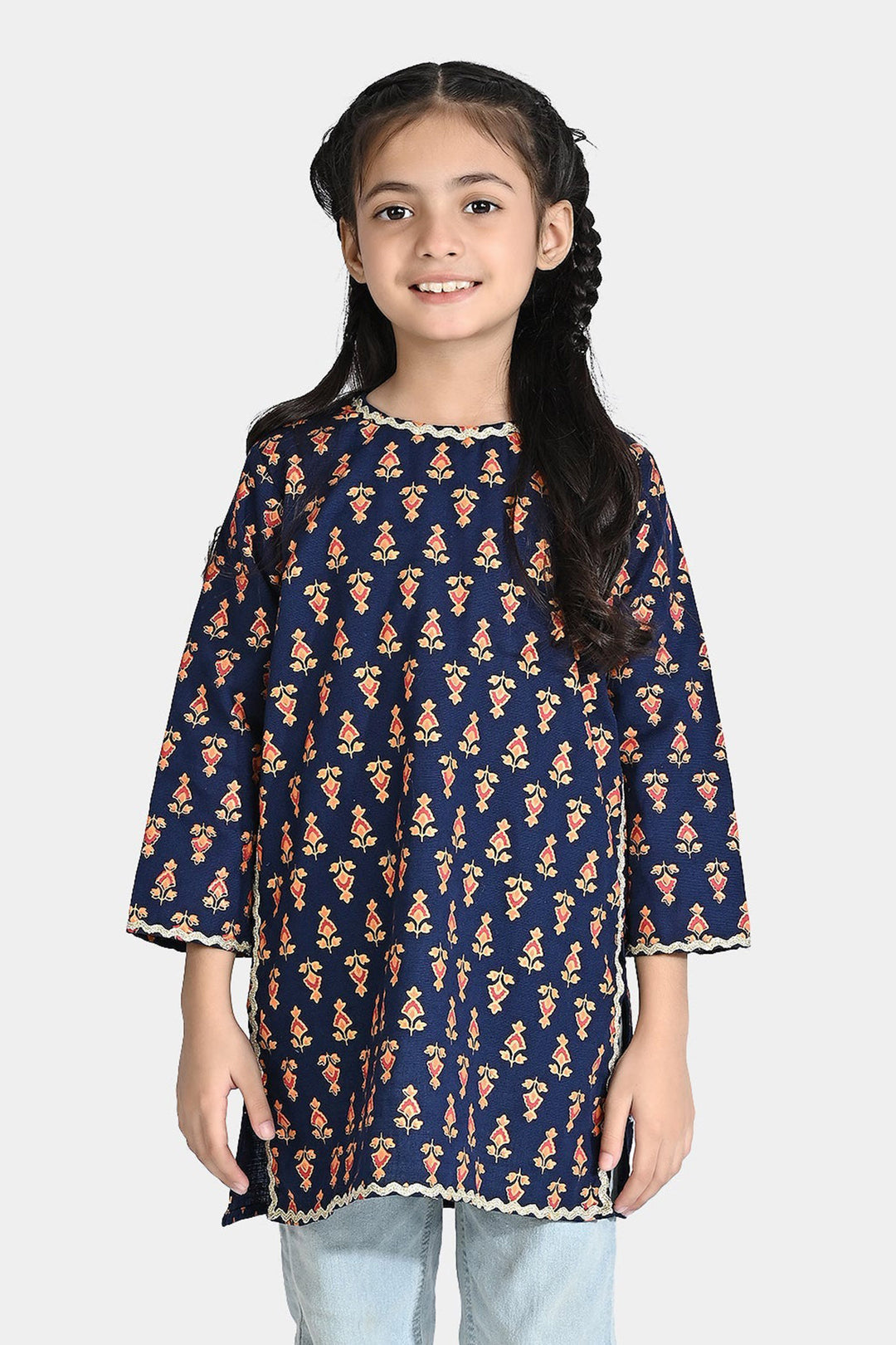 Girls Printed Kurti Chin Boti -3-Navy Blue