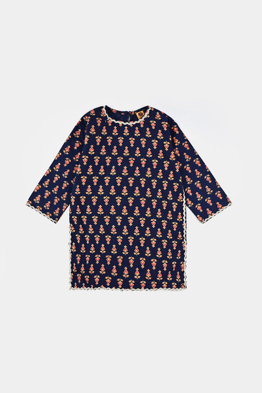 Girls Printed Kurti Chin Boti -3-Navy Blue
