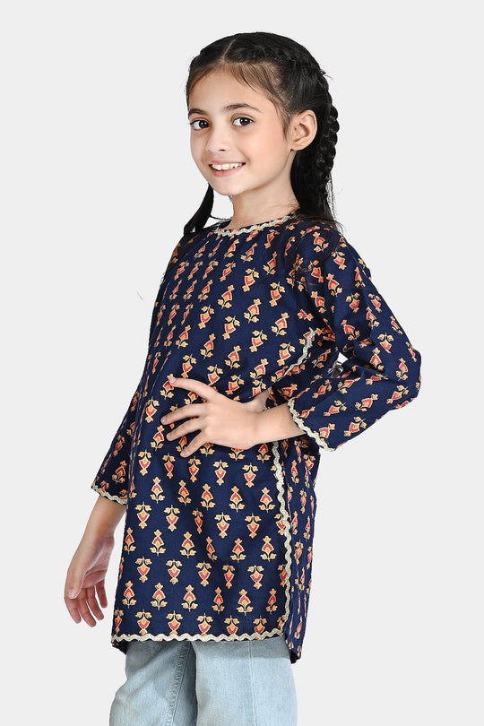 Girls Printed Kurti Chin Boti -3-Navy Blue