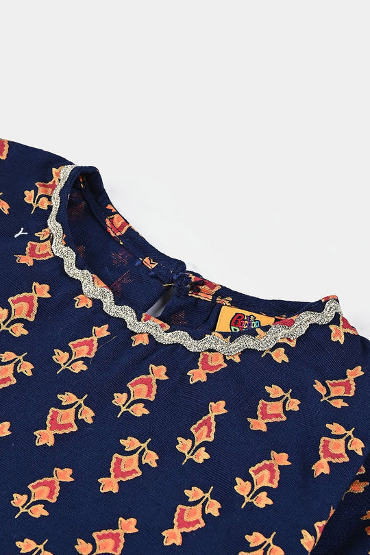 Girls Printed Kurti Chin Boti -3-Navy Blue