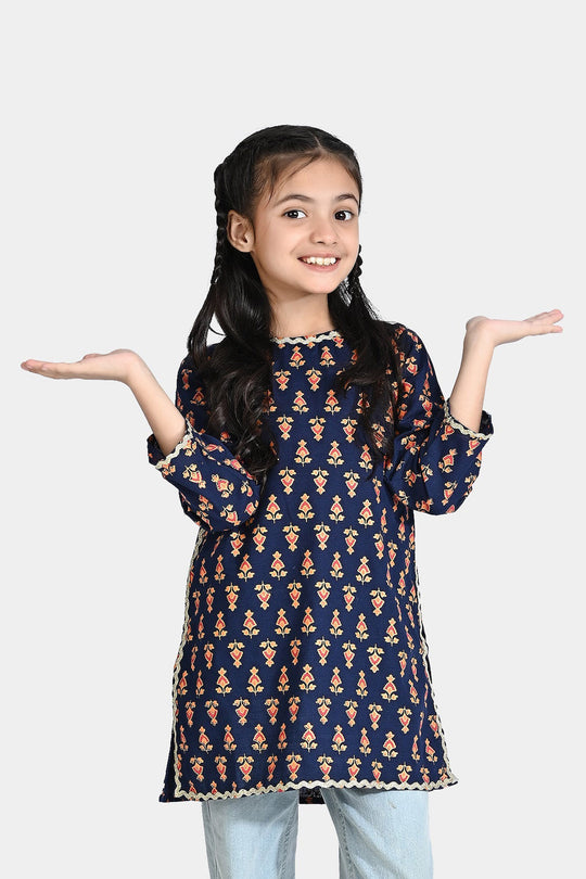 Girls Printed Kurti Chin Boti -3-Navy Blue