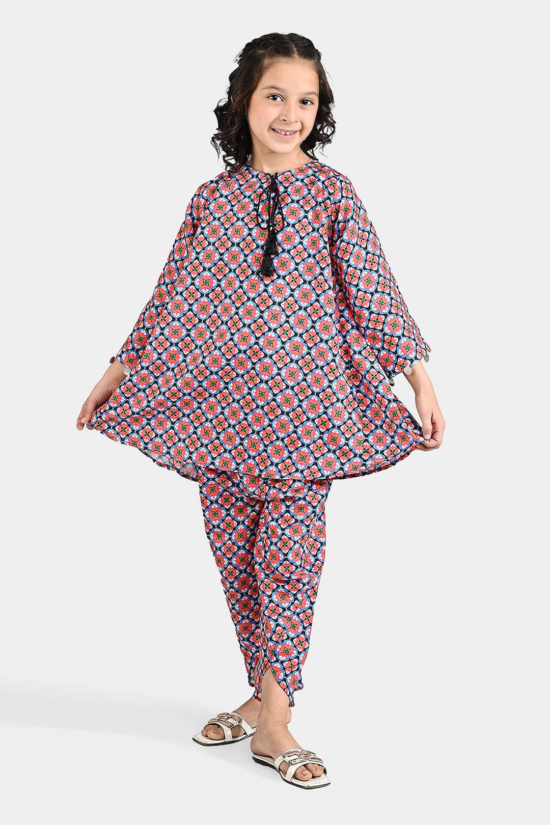 Girls Poly Lawn Printed 2 Pcs Phulkari-Multi