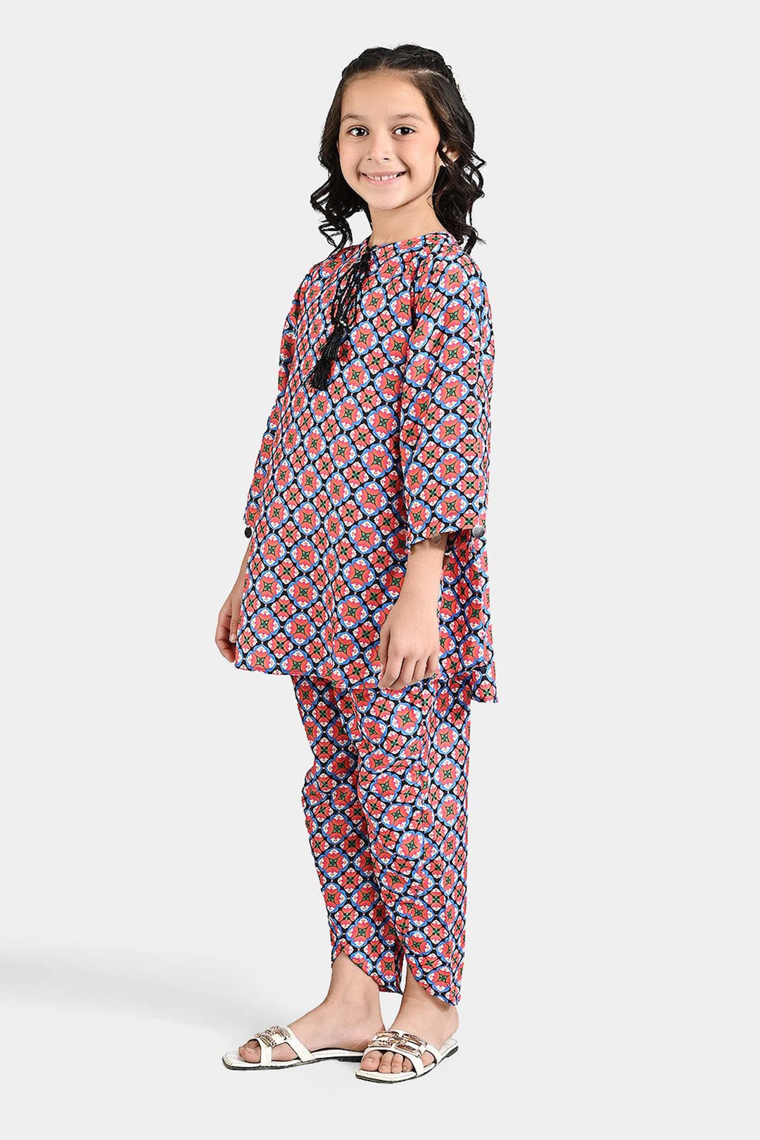 Girls Poly Lawn Printed 2 Pcs Phulkari-Multi