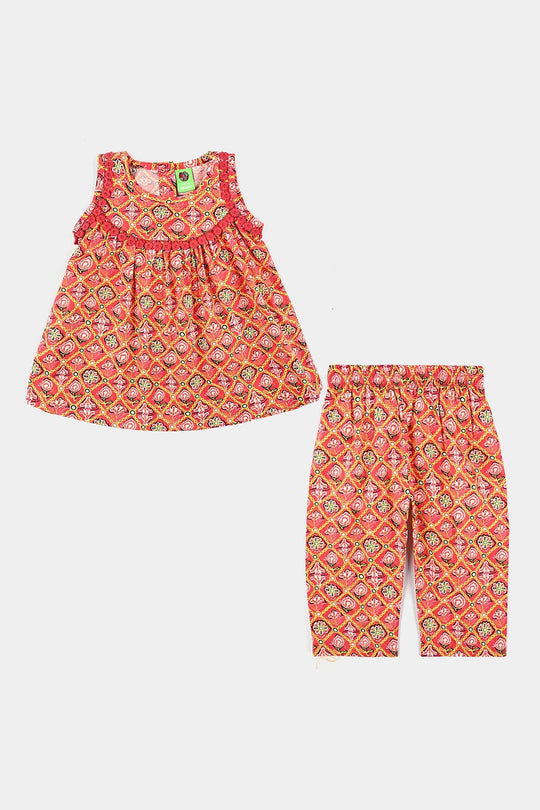 Infant Girls Cotton Poplin Printed 2 Pcs Surkh Phool-Multi
