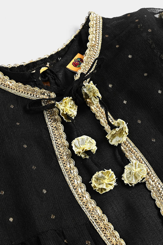 Girls Jacquard 3 Pcs Suit Manzil-BLACK