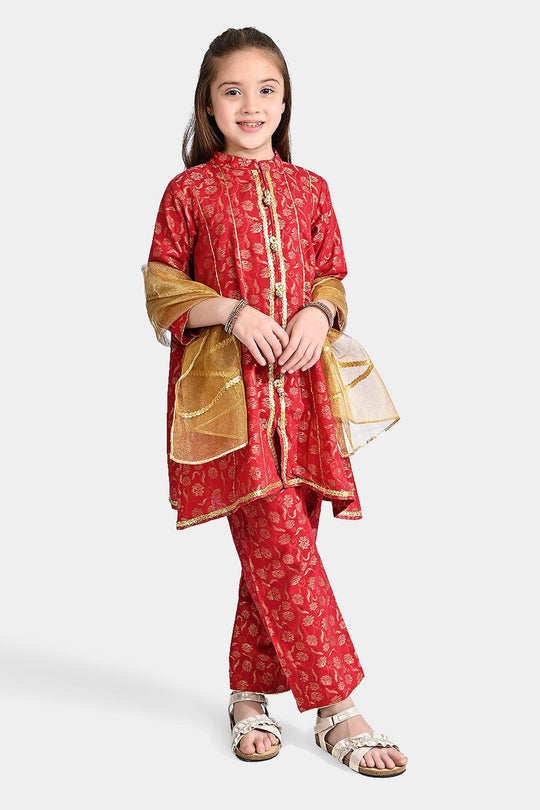 Girls Jacquard 3 Pcs Suit Gulistaan-Red
